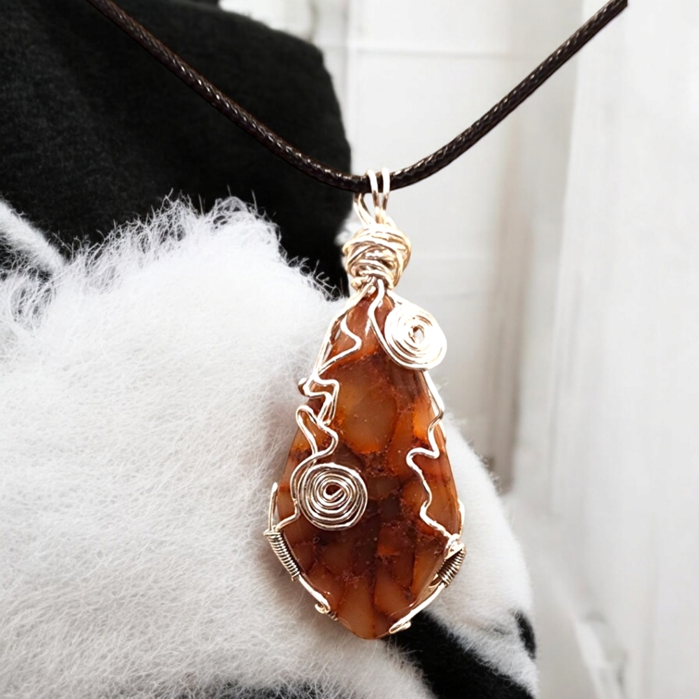 Handmade Wire Wrapped Polymer Clay Fire Agate Inspired Pendant